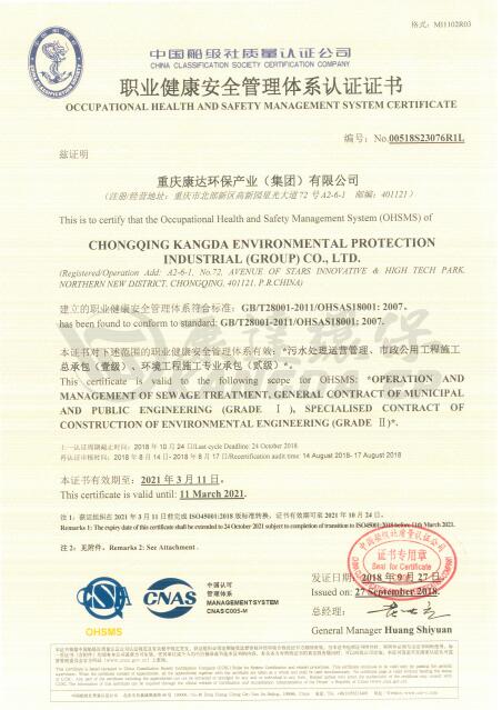 职业康健清静治理系统认证证书